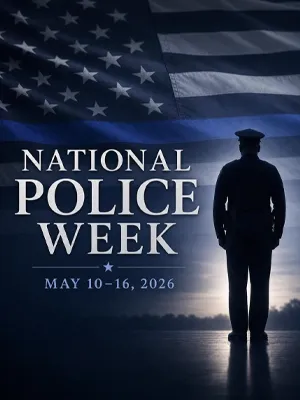 National Police Week, May 10–16, 2026, poster featuring a police officer silhouette.