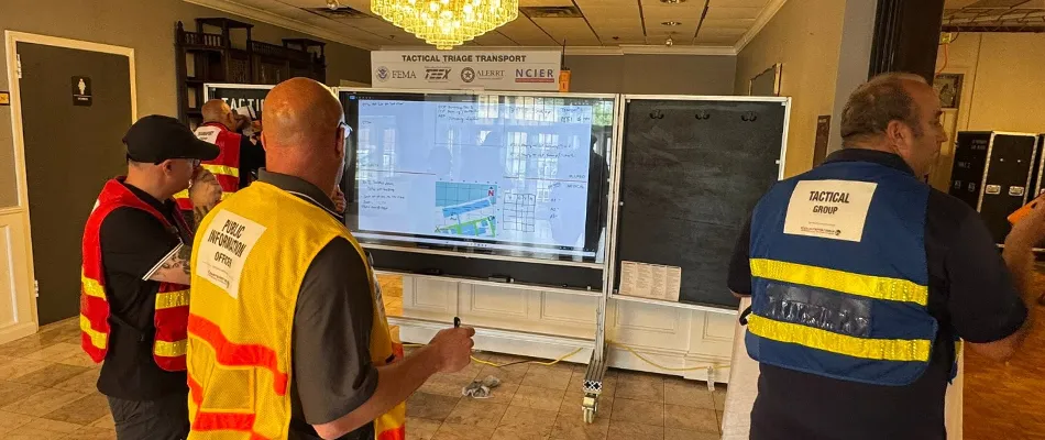 Several people in high-visibility vests review a digital map displayed on a large screen in a meeting room.