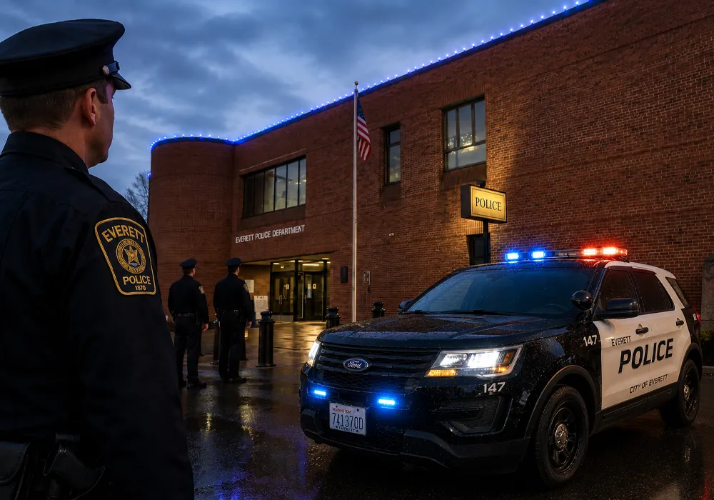 Police car outside police department building