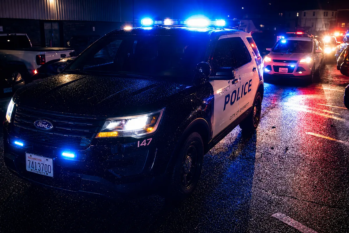 Police vehicles with flashing lights at night